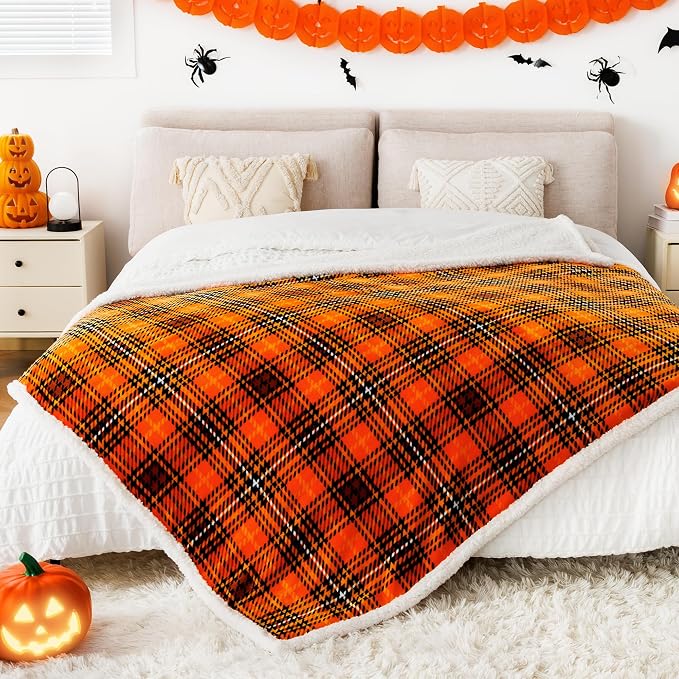 Sherpa Halloween Plaid Throw Blanket(60" X 70", Plaid Orange), Fuzzy Fluffy Cozy Soft Blanket, Fleece Flannel Plush Twin Size Microfiber Blanket for Couch Bed Sofa