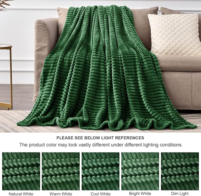 BEDELITE Ribbed Jacquard Dark Green Fleece Twin Blanket for Bed, 60x80 Inch | Soft Warm Decorative Fluffy Blanket, Cozy Plush Lightweight Fuzzy Throw Blanket for Couch Sofa Room Decor, Gift for Women