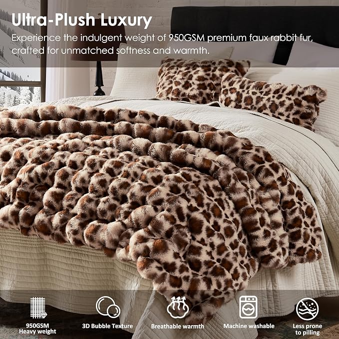 WDCOZY Cheetah Leopard Print Bubble Throw Blanket, Luxury Faux Rabbit Fur Mink Plush Throw for Couch, Sofa and Bed, Soft Fluffy Fuzzy Cozy Blanket for Women, 60x80 inches, Chocolate Brown, 950 GSM