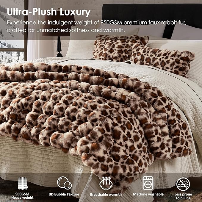 WDCOZY Cheetah Leopard Print Bubble Throw Blanket, Luxury Faux Rabbit Fur Mink Plush Throw for Couch, Sofa and Bed, Soft Fluffy Fuzzy Cozy Blanket for Women, 60x80 inches, Grey, 950 GSM