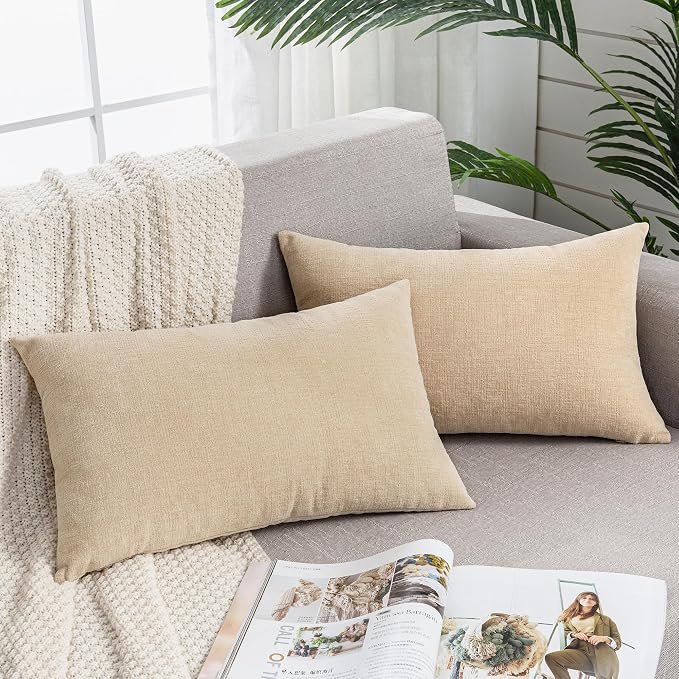 GAWAMAY Decorative Couch Throw Pillow Covers 12x20 Inch Set of 2 Beige | Soft Chenille Farmhouse Style, Hidden Zipper, Neutral Cushion Pillowcases for Sofa Living Room Bed, Only Covers