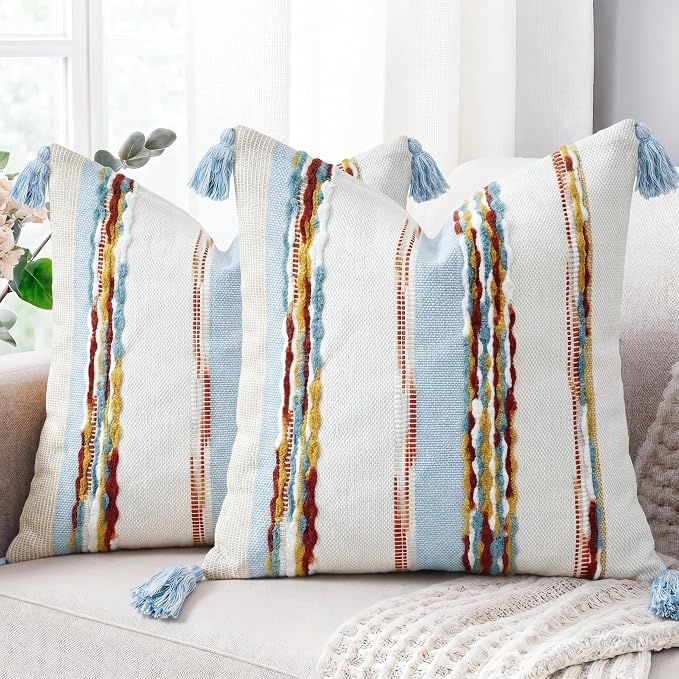 PANOD Chenille Farmhouse Throw Pillow Covers 16 x 16 Blue Brown, Neutral Boucle Couch Pillow Cover, Striped Decorative Boho Coushion Cover Pillow Case for Couch Bed Sofa Bedroom,Modern Accent,Set of 2