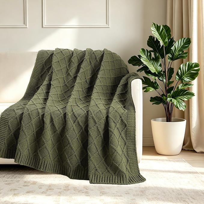 CREVENT Farmhouse Boho Knitted Throw Blanket for Couch Sofa Chair Bed Home Decoration, Soft Warm Cozy Light Weight for Spring Summer Fall (50''X60'' Chenille Green)