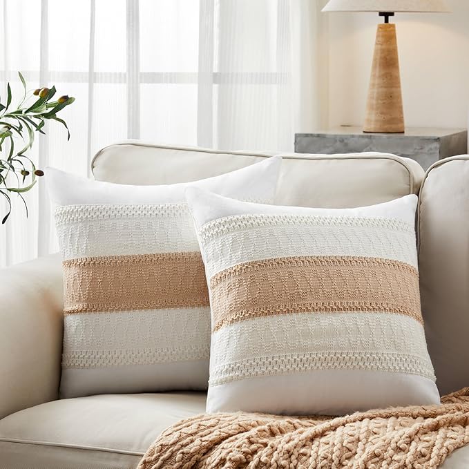 2pk Boho Pillow Covers 16x16, Natural White/Contrast/Beige | 100% Organic Cotton Body, Stripe Embroidery, Farmhouse Decorative Cushion Covers for Sofa Bed Living Room Home Decor
