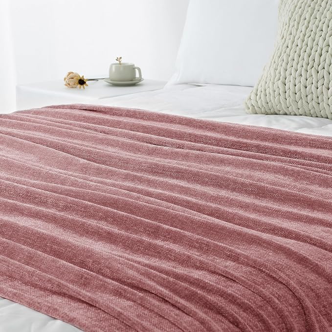 Chenille Throw Blanket for Couch 60" x 80", Twin Mauve | Soft Cozy Warm Throws with Fringe Tassel, for Living Room Bed Sofa Chair Cover, Lightweight Knitted Decorative Boho Blankets