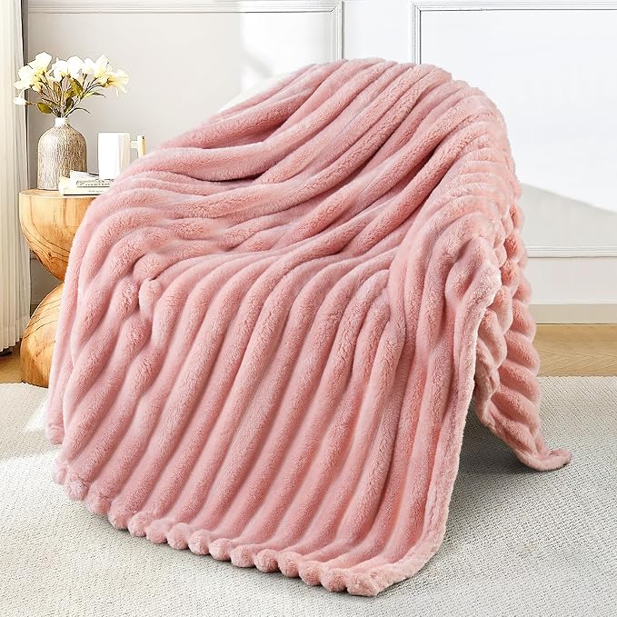 Exclusivo Mezcla Striped Fleece Throw Blanket for Couch, Sofa, Bed, 50"x60" | Soft Breathable Cozy Bed Blankets, Lightweight Plush Fluffy Fuzzy Jacquard Decorative Blankets