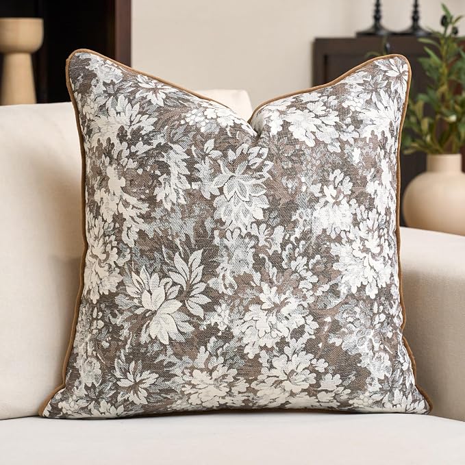 Alerfa Brown Neutral Floral Pillow Cover 18 x 18 Inch, Vintage Chenille Square Couch Pillow Cover Soft Decorative Farmhouse Accent Pillowcase for Living Room Bedroom
