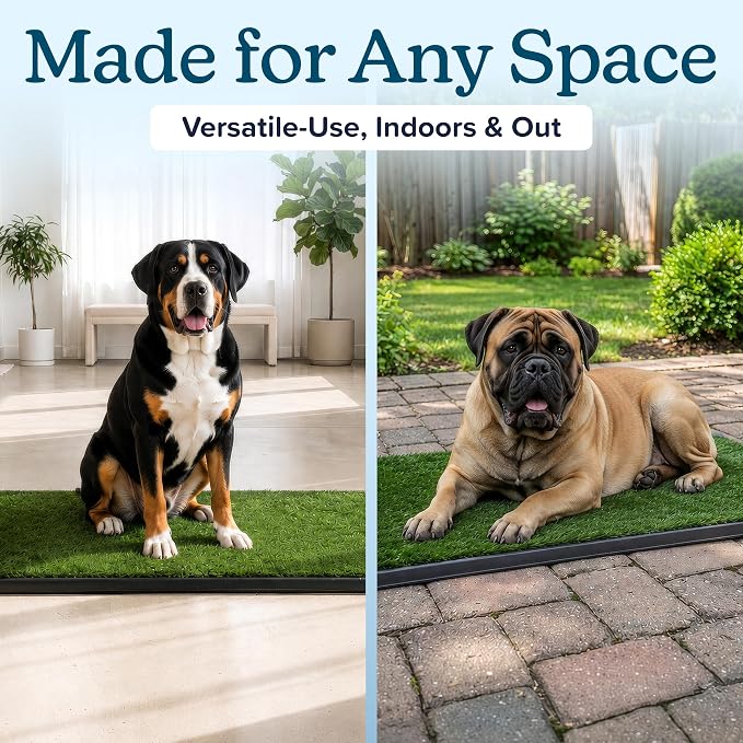 PETMAKER Reusable 3-Layer Large Dog Grass Pad with Tray, 46.75” x 28.25” | Dog Litter Box for Indoor and Outdoor Use, Easy to Clean Washable Pet Turf Artificial Grass Pad for Puppy Potty Training