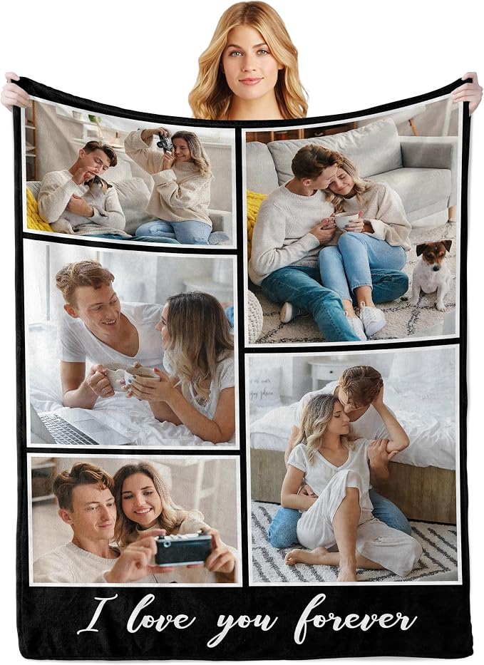 Personalized Mothers Day Birthday Blanket for Mom with Photos Text | Personalized Christmas Birthday Gifts for Mom Wife from Daughter Son Husband, Personalized Anniversary Couple Blanket Gifts