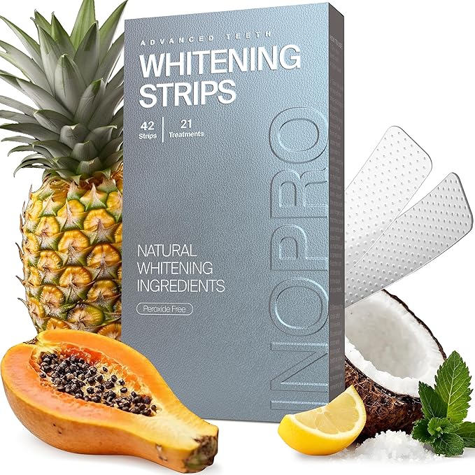 InoPro Natural Teeth Whitening Strips Kit 21 Treatments - Sensitive Teeth Whitener, Peroxide Free with Papain, Bromelain, Coconut Oil, White Strips for Teeth Whitening (42 Strips)