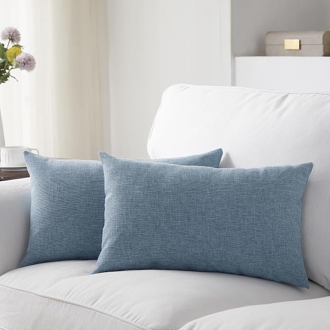Meekio Set of 2 Slate Blue Throw Pillow Covers 12x20, Coastal Linen Blend Decorative Pillow Covers for Couch Sofa Bed, Beach House Farmhouse Decor