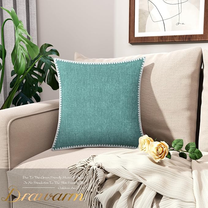 BRAWARM Chenille Throw Pillow Covers 16x16 Inches, Teal, 2 Pack | Decorative Pillow Covers with Shell Edge, Soft Cushion Cases for Sofa Bed Living Room Home Farmhouse (No Insert)