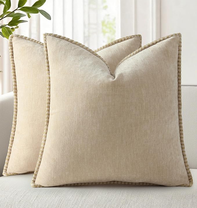 decorUhome Soft Chenille Throw Pillow Covers 12x12 Set of 2 Beige | Fall Textured Decorative Throw Pillow Cases Stitched Edge Modern Farmhouse Luxury Boho Velvet for Couch Sofa Bed Home Decor