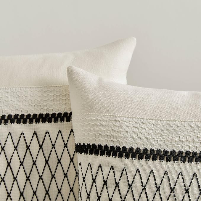 2 Pack Boho Throw Pillow Covers, Grid Black 18x18in | Soft Breathable Cotton, Farmhouse Decorative Couch Pillow Cases, Cushion Covers for Sofa Bed Living Room Home Decor