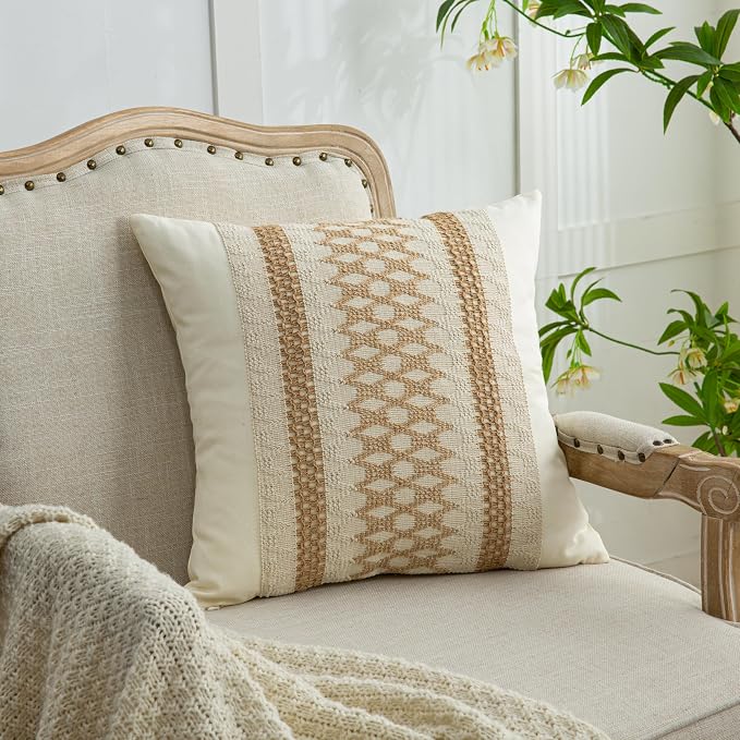Throw Pillow Covers 18 x 18 Inch 1PC for Farmhouse Living Room, Cotton & Burlap Textured Striped Woven Boho Pillow Covers (Beige & Brown, Khaki Grid)