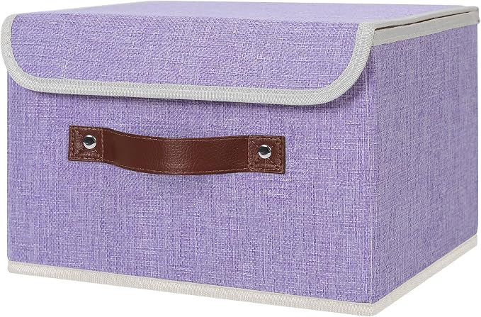 ANMINY Fabric Storage Box Bins with Lids, Purple, 10"x8"x7", 4 Pack | Keepsake Memory Storage, Cotton Linen, PP Board Reinforced, Washable, PU Handles, Foldable & Stackable, Decorative, Small