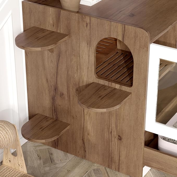 Hidden Cat Litter Box Enclosure Furniture with Drawer and Stairs, Wooden Cat House Washroom with Glass Door, Litter Cabinet Side Table for Bedroom Living Room, Brown White