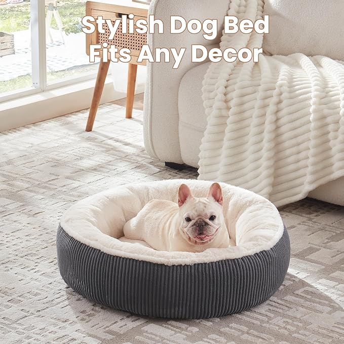 30 inches Calming Donut Dog Bed for Medium Dogs,Dark Grey | Round Pet Bed with Removable&Washable Cover,Plush Faux Fur & Corduroy, Fits Pets up to 30 lbs