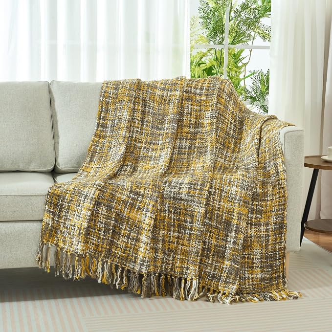 Multi-Color Cable Woven Throw Blanket for Couch - 50"X60" | Multicolored Boho Style,Super Soft Warm Cozy Chunky Blankets with Decorative Tassels for Bed and Sofa,Gold