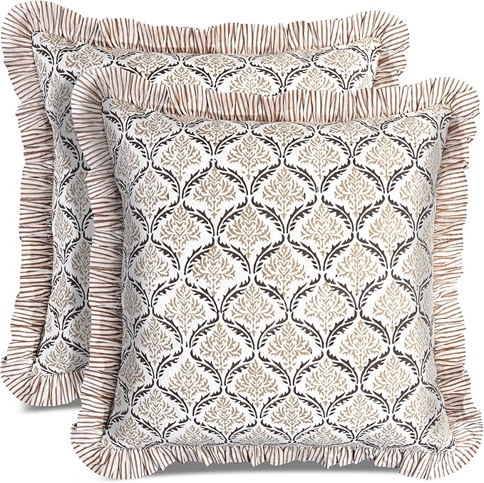 CPC Sandstone Regal Hand Block Print 100% Cotton Ruffle Throw Pillow Cover 20x20 inch with Hidden Zipper Decorative for Couch, Bed, Sofa, Farmhouse, Cottagecore Decor Gift Christmas Fall Thanksgiving