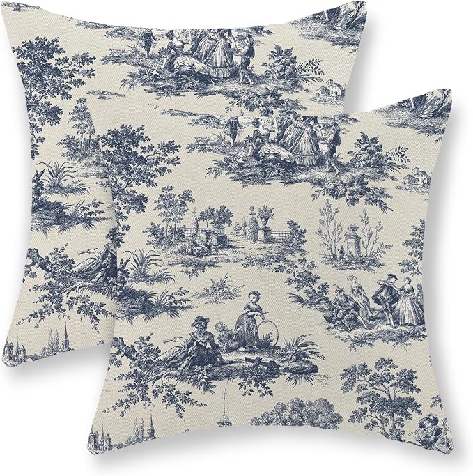 French Country Pillow Covers 18x18 Set of 2 Vintage Toile Blue Throw Pillows French Country Outdoor Decorative Pillowcase Rustic Cottage Decor Linen Farmhouse Cushion Case for Couch Bed Sofa