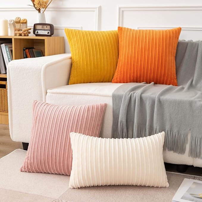 UGASA Fall Decorative Soft Velvet Stripe Pillow Covers Set of 2 Solid Corduroy Textured Euro Cushion Cases for Couch Bedroom Sofa Farmhouse, 20x20 Inch, Orange