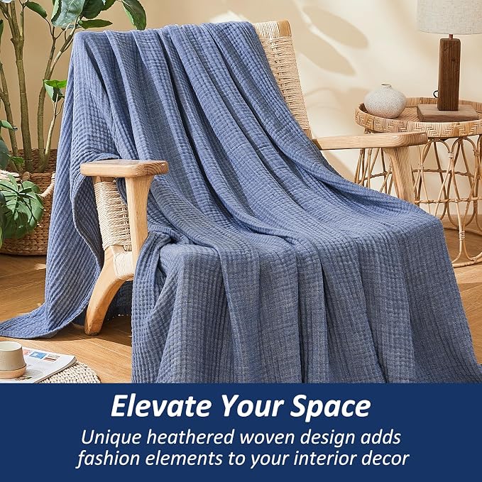 EMME Muslin Blankets for Adults, Cotton Large Throw Blanket 4-Layer, Couch Breathable Gauze Soft Lightweight Bed Blankets, Two-Tone Weave Design, Pre-Washed Softer Touch (Heather Navy, 50"x70")