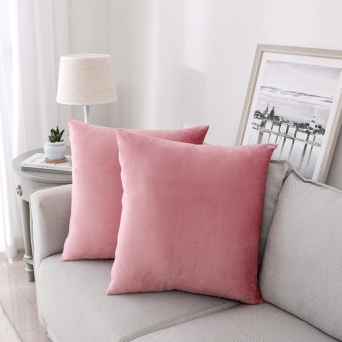 NiNi ALL Pink Velvet Throw Pillow Covers 26x26 Pack of 2 Decorative Couch | Soft Solid Boho Cushion Squar Pillow Cases for Chair Sofa Bedroom Farmhouse Living room Modern Luxury Home Decor Christmas