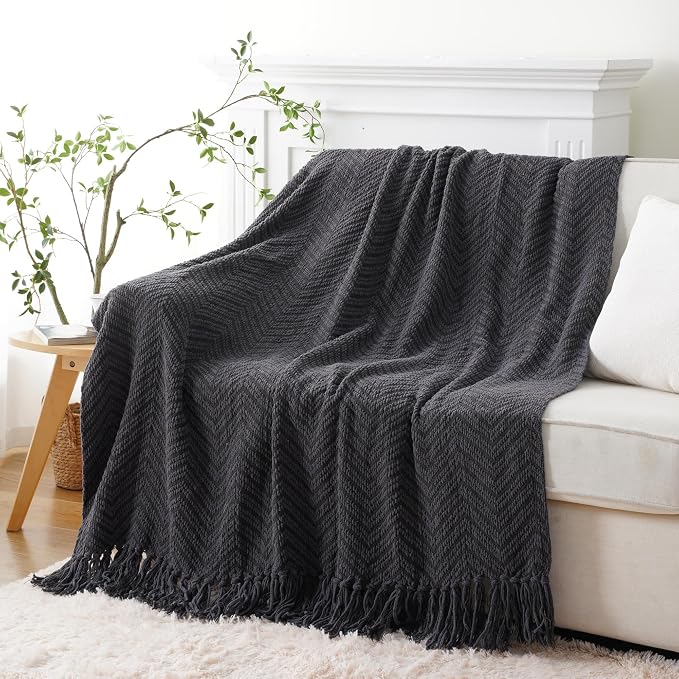 BATTILO HOME Dark Grey Throw Blanket for Couch, 50"x60" | Knit Charcoal Throw Blanket Versatile for Chair, Super Soft Warm Grey Blanket with Tassels for Bed, Sofa and Living Room