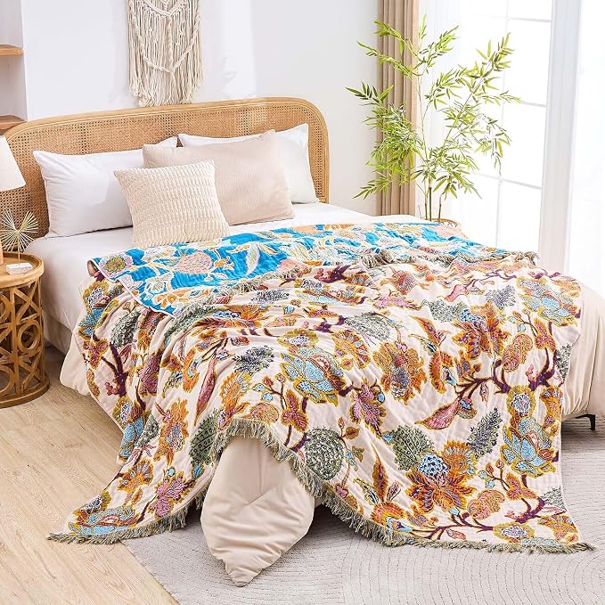 XIBLC Boho Throw Blanket for Bed, 100% Cotton Soft Rustic Quilt Fall Blanket, 60"x80" Floral Printed Farmhouse Decor Bed Blankets, All Season Rustic Reversible Bohemian Throw Quilt