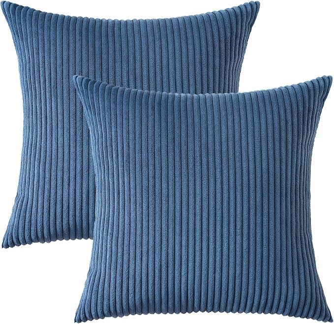 Mecatny Corduroy Decorative Throw Pillow Covers 26x26 Set of 2 Navy Blue | Soft Striped Texture, Hidden Zipper Design, Neutral Boho Square Pillow Cases for Sofa Couch Living Room Bedroom, Home Décor