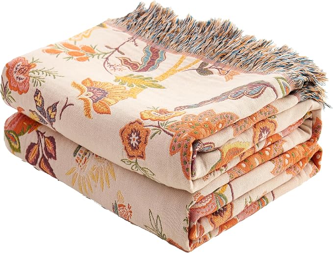 VANJOROY Boho Throw Blanket 80" x 90", 100% Organic Cotton Breathable Skin-Friendly Ultra Soft Bed Quilt Throw - Floral Rustic Decor Luxury Reversible Blanket for Sofa Couch Chair and Gift,