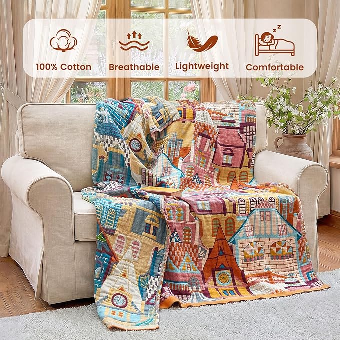 MSGKV Roman Castle Cotton Throw Blanket 60"x80" Art Woven Twin Blanket | Roman Castle Pattern, Muslin Throw, Art Woven Design, Twin Size Blanket, Lightweight Comfort, Decorative Home Accent