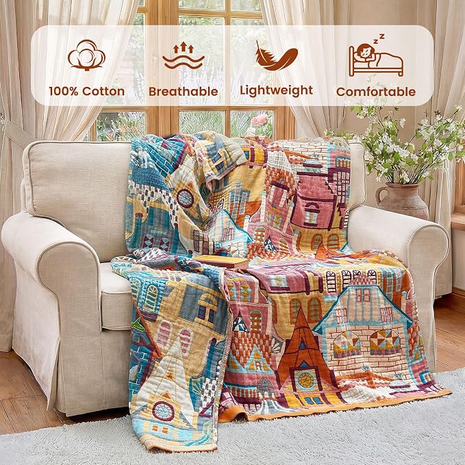 MSGKV Roman Castle Cotton Throw Blanket 50"x60" Art Woven Cotton Throw | Roman Castle Pattern, Muslin Throw, Art Woven Design, Lightweight Comfort, Decorative Home Accent, All Season Use