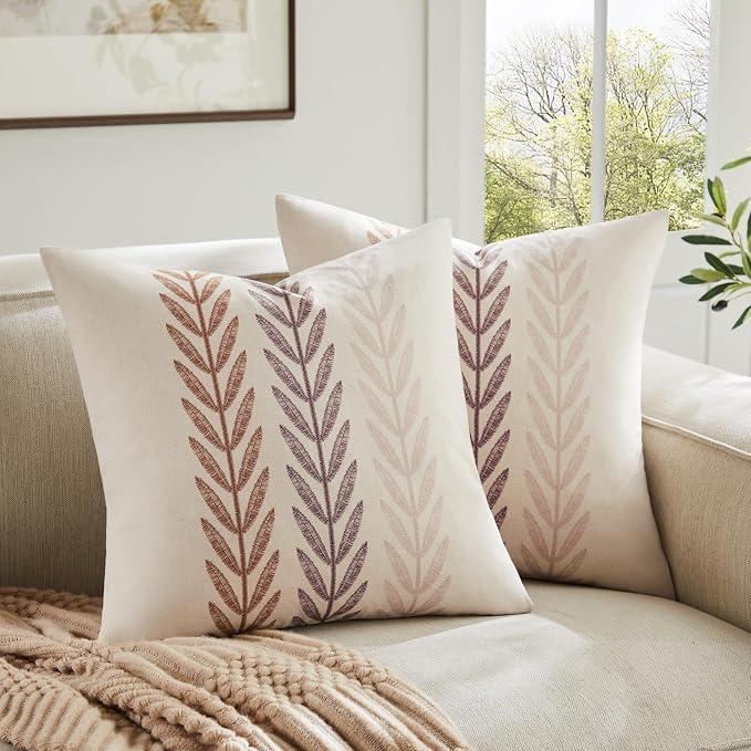 Farmhouse Leaves Throw Pillow Covers Set of 2, 18x18in Mixed Brown | 100% Organic Cotton, Rustic Accent Print Pillow Case, Pastoral Decorative Cushion Covers for Sofa Bed Living Room Home Decor