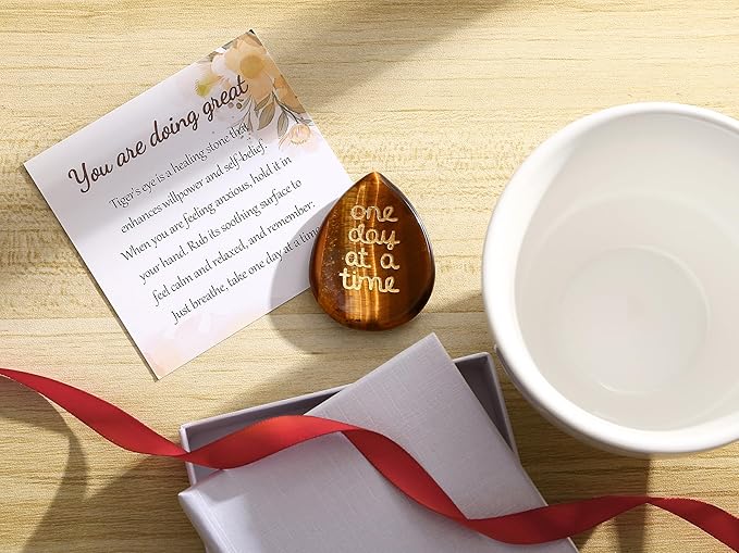 LAIDANLA Worry Stone for Anxiety Tiger Eye Healing Crystal Sensory Fidget Thumb Stones One Day at A Time Mental Health Anxiety Relief Items Inspirational Sobriety Thinking of You Gifts for Women Men