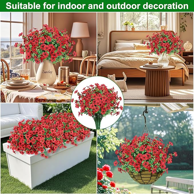 12 Pcs Artificial Flowers for Outdoors Decorations, Red | Lifelike silk flowers, UV resistant, faux plastic plants, for garden porch window table vase home indoor outdoor decor