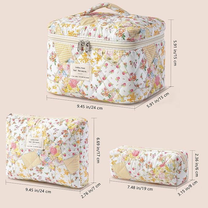 HBselect Quilted Makeup Bag, 3PCS Cotton Large Travel Makeup Bag, Cute Floral Coquette Make up Bag Cosmetic Bag Toiletry Bag for Women Girls