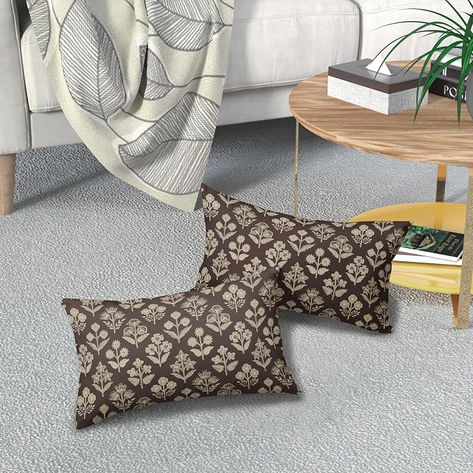Drak Brown Pillow Covers 12x20 Inch Set of 2, Cream Floral Block Print Pattern Lumbar Decorative Throw Pillowcases Outdoor Farmhouse Rectangle Cushion Covers Spring Summer Sofa Couch Bed Decor