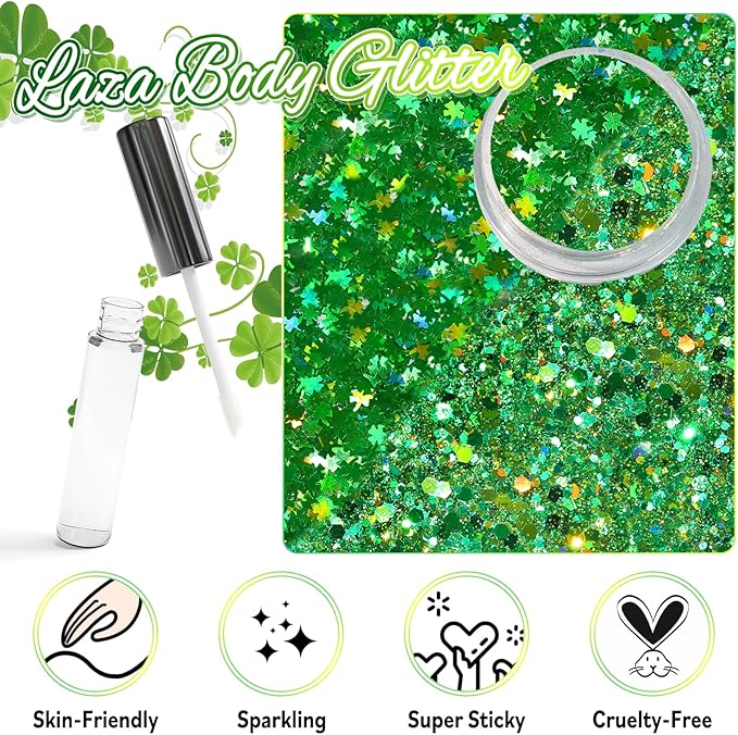 Laza 2 Jars St. Patrick’s Day Body Glitter Iridescent Chunky Sequins with Glitter Glue Women Eyeshadow Makeup Face Paint Festival Rave Outfits Hair Accessories Carnival Party Costumes-Iridescent Clove