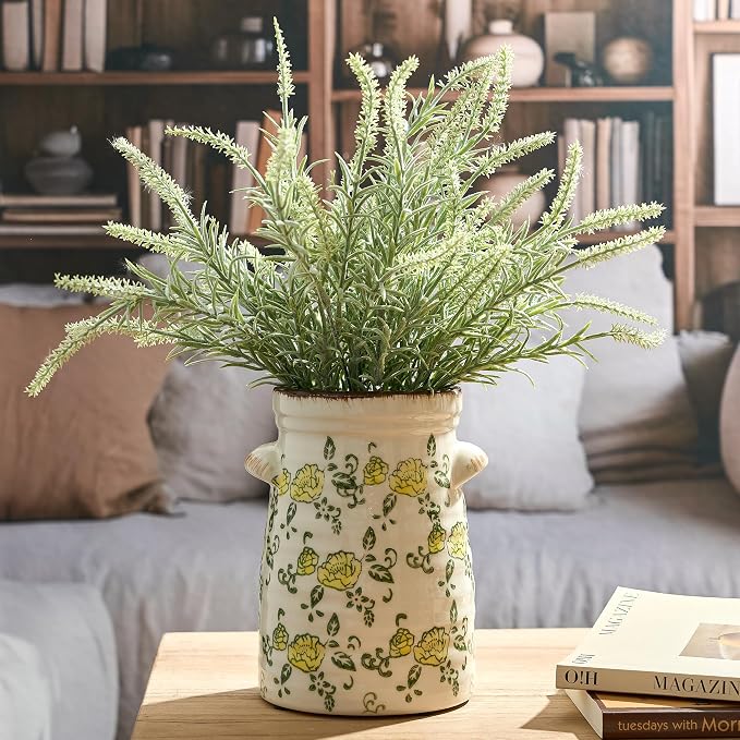 SIDUCAL Ceramic Rustic Vase with 2-Ear, 7.6 Inch Ice Cracked Vintage Pastoral Vase, Rustic Farmhouse Vases for Home Decor, Table, Living Room, Shelf Decor, Chinoiserie Decor, Yellow Rose Pattern