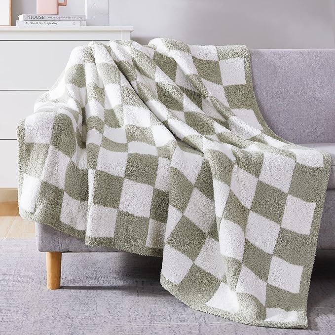 Soft Twin Size Checkered Blanket for Bed-Cozy Knitted Blankets | Lightweight Fluffy Warm Decor for Women, Mom, Her & Girls, Sofa, Chair, Couch, 60x80in, Sage Green
