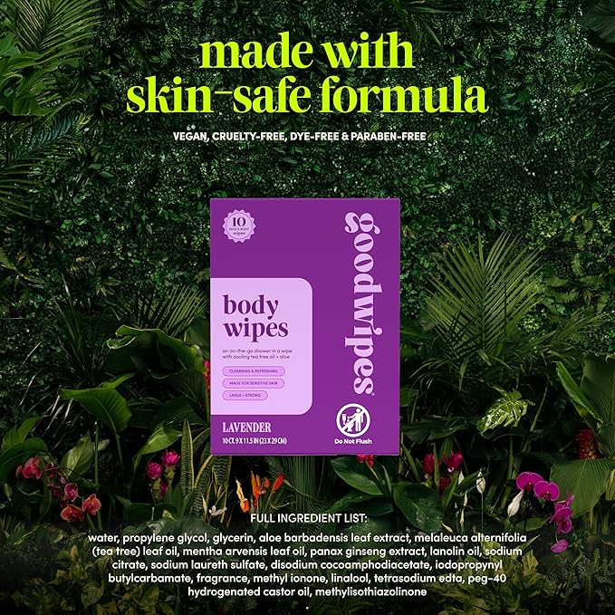Goodwipes Body Wipes, Really Big for All Over, Made with Aloe, Plant Based and Hypoallergenic, Wipe Away Sweat and Odor, For Face and Body-Lavender, 10 Count