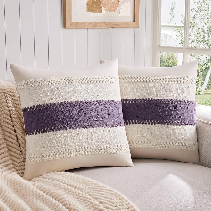 2 Pack Boho Throw Pillow Covers, Contrast Purple 16x16in | Soft Breathable Cotton, Farmhouse Decorative Couch Pillow Cases, Cushion Covers for Sofa Bed Living Room Home Decor