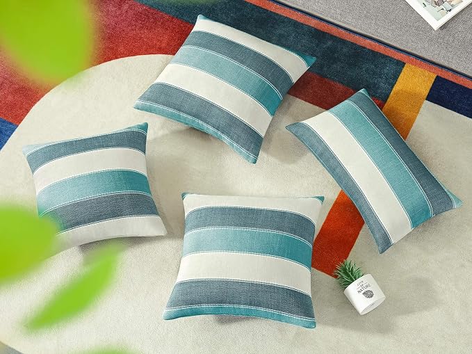 Pack of 2 Farmhouse Stripe Check Throw Pillow Covers Set Case Cotton Linen Decorative Pillowcases Cushion Cover for Couch Bench Sofa 24x24Inch Teal Blue