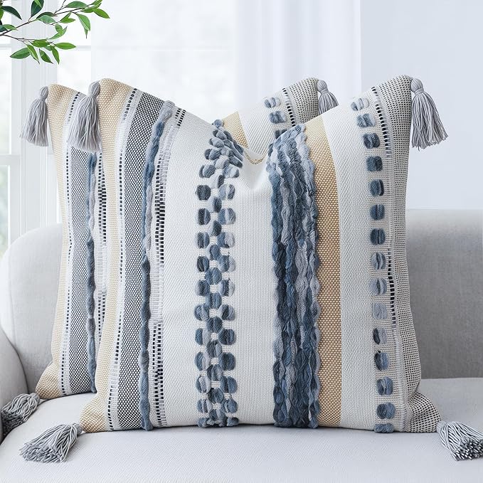 PANOD Chenille Farmhouse Throw Pillow Covers 18 x 18 Grey, Neutral Boucle Couch Pillow Cover, Striped Decorative Boho Coushion Cover Pillow Case for Couch Bed Sofa Bedroom,Modern Accent,Set of 2