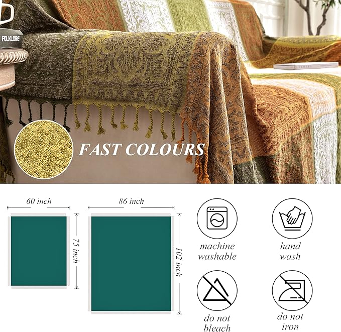 Boho Couch Cover, Bohemian Throw Blanket Tassels Hippie Decor Covers Sofa Chair loveseat Furniture Bed， Bohemian Tribal Fringe slipcover (Green, 60x75)…