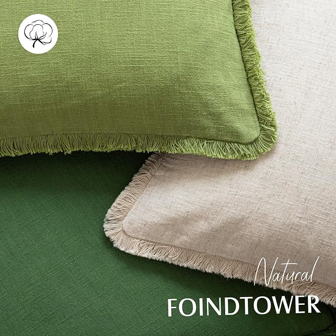 Foindtower Set of 2 Decorative Linen Fringe Throw Pillow Covers Cozy Boho Farmhouse Cushion Cover with Tassels Soft Accent Pillowcase for Couch Sofa Bed Living Room Home Decor,20×20 Inch,Forest Green