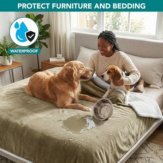 PetAmi Waterproof Dog Blanket for Large Dog Cat Pet, 60x80, Taupe | 460 GSM Sherpa Fleece Reversible, Pee Proof, Furniture Protector Cover for Couch Sofa Bed Kennel, Washable, Extra Large