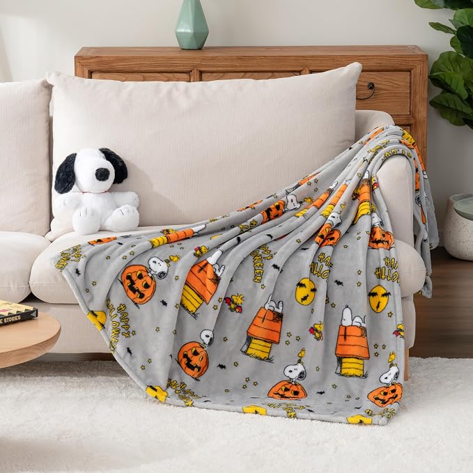 Berkshire Blanket Peanuts® VelvetLoft® Cute Character Snoopy Plush Oversized Throw Blanket, Peanuts Snoopy and Woodstock Happy Halloween Spooky Chateau Grey (50in x 60in)